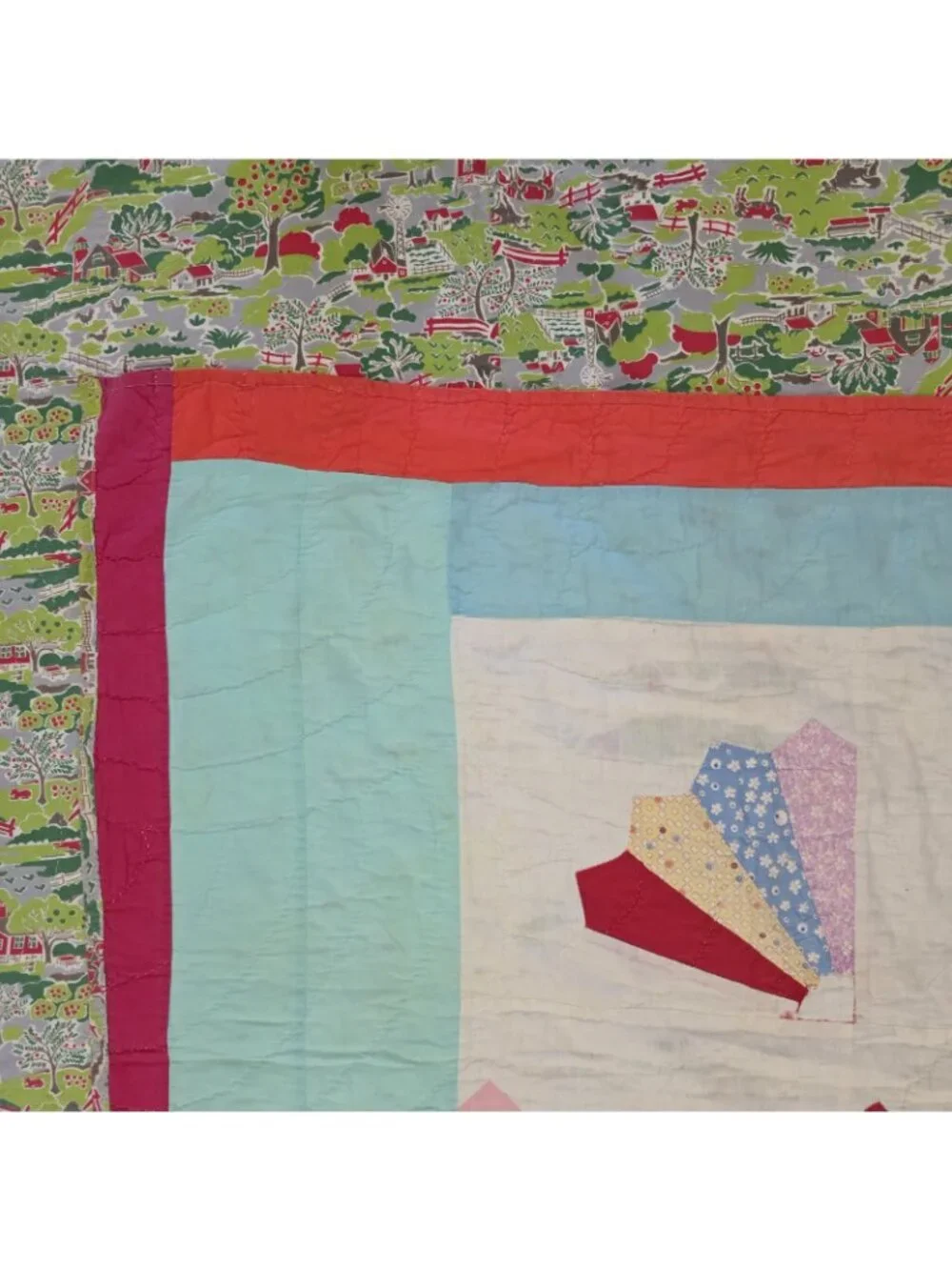 Vintage Handmade Handstitched Fan Quilt Blue Red 84 x 67 Farm Fabric